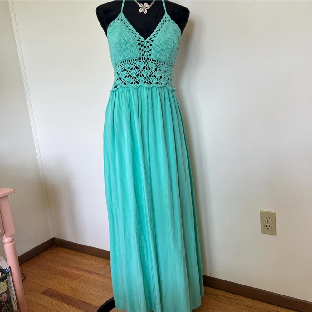 Lil Better Turquoise Crochet Maxi Dress